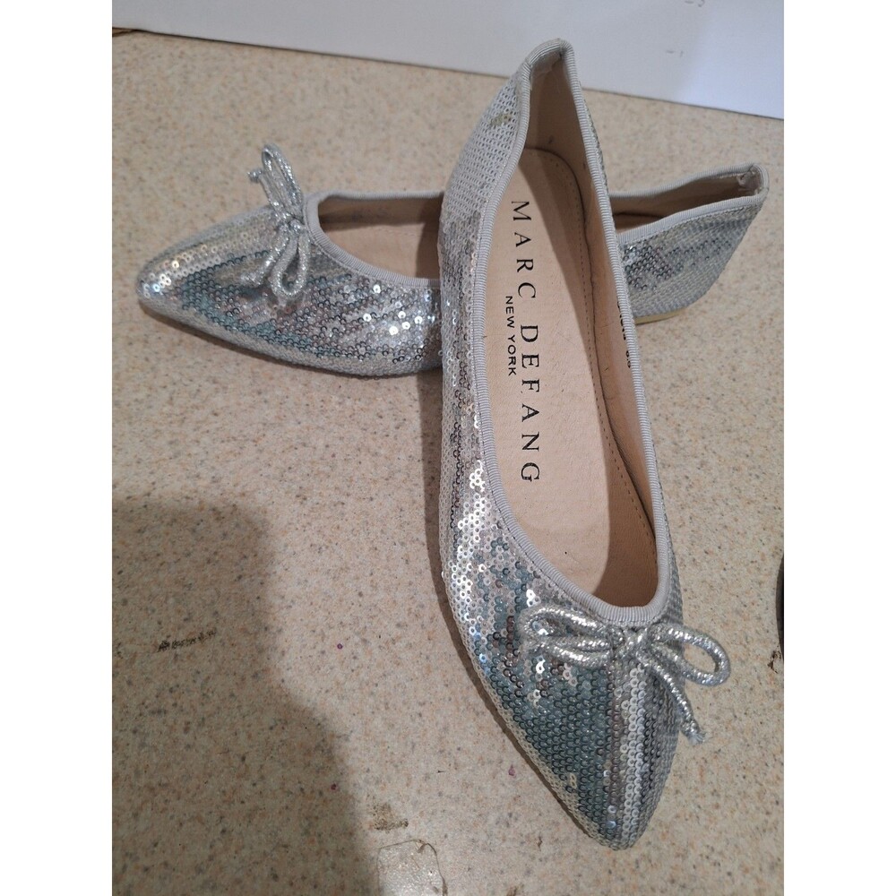 Marc Defang Ballet Flats Womens 8.5 Silver Sparkle Bow Pageant EUC